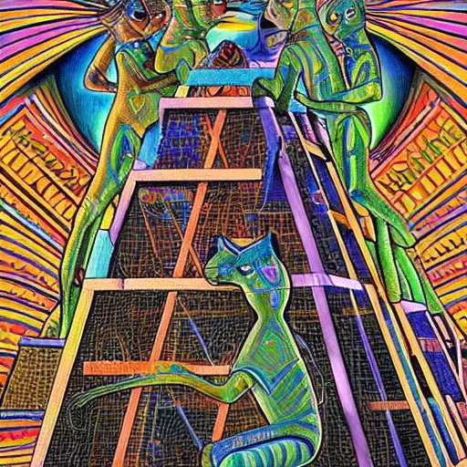 Image similar to cat aliens building the pyramids of giza painting alex grey style