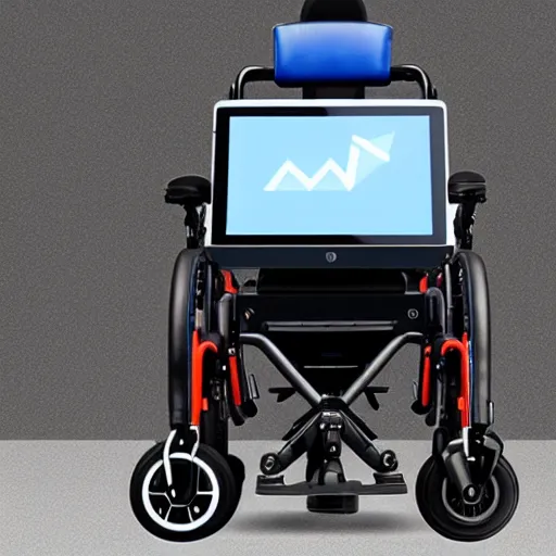 Image similar to a cyberpunk electric wheelchair with a tablet holder