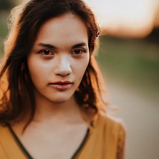 Image similar to closeup photo of a beautiful woman face, golden hour, bokeh, 8 0 mm lens, polaroid