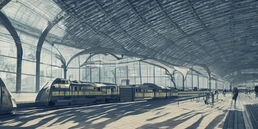 Image similar to photo of epic futuristic train station, 1970's trains, leica, lomo, soft light, morning light, photorealistic, details, octane render, cryengine, 8k, cinematic shot