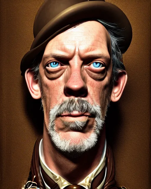 Image similar to steampunk portrait of hugh laurie, au naturel, hyper detailed, digital art, trending in artstation, cinematic lighting, studio quality, smooth render, unreal engine 5 rendered, octane rendered, art style by klimt and nixeu and ian sprigger and wlop and krenz cushart.