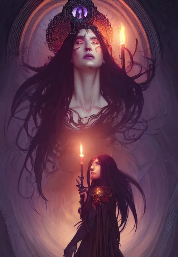 Image similar to Necromancer Sorceress in center, fantasy magic, undercut hairstyle, dark light night, intricate, elegant, sharp focus, illustration, highly detailed, digital painting, concept art, matte, art by WLOP and Artgerm and Greg Rutkowski and Alphonse Mucha, masterpiece