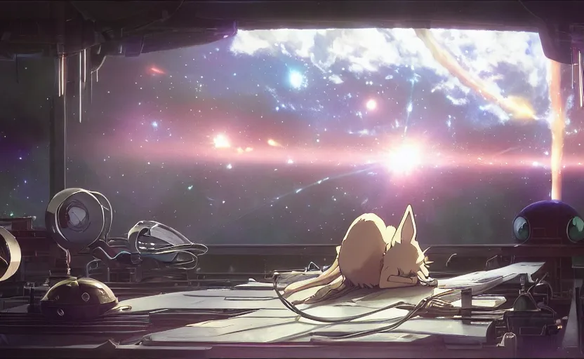 Image similar to an anime alien space cat sleeping on a mechanics workbench in a spaceport in a musical fantasy space opera ghibli animated film, volumetric lighting, octane render by stanley artgerm lau, greg rutkowski, studio ghibli, alphonse mucha, loish, norman rockwel, highly detailed, warm lighting, lens flare