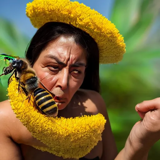 Prompt: mexican woman arguing with a bee, close - up, 4 k photorealism