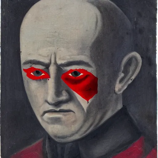 Image similar to portrait of alexander abdulov, with a red eyes, satanic body, head of old man, in blood of sinners, hellish style