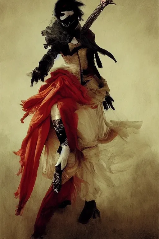 Prompt: a vampire with long light white hair and a red scarf, wearing a black mask over her mouth, windy, ribbons, melancholic, modern maximalist fashion dress, is ( ( holding a sword ) ). light dust, magnificent, hyperdetailed, theatrical, painted by jean honore fragonard and greg rutkowski