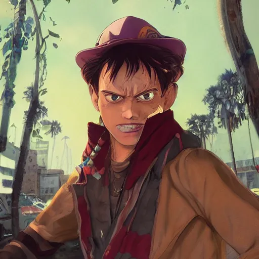 Image similar to highly detailed portrait luffy in gta v, stephen bliss, unreal engine, fantasy art by greg rutkowski, loish, rhads, ferdinand knab, makoto shinkai and lois van baarle, ilya kuvshinov, rossdraws, tom bagshaw, global illumination, radiant light, detailed and intricate environment