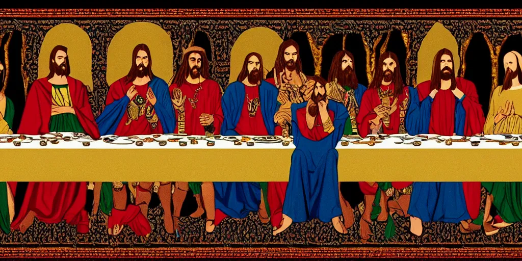 Image similar to the last supper wearing gucci versace gold rich intricate textiles cloak tunic streetwear cyberpunk modern design