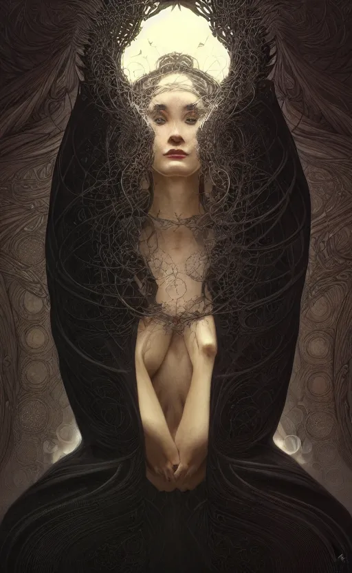 Prompt: Faceless creature wearing a black robe, it's face has been replaced by a fractal singularity of shifting patterns. fantasy, highly detailed, digital painting, artstation, concept art, smooth, sharp focus, illustration, art by artgerm and greg rutkowski and alphonse mucha