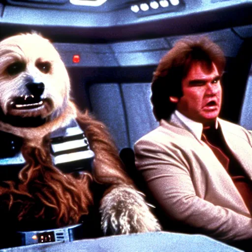 Prompt: John Candy in a dog suit dressed as Barf from Spaceballs sits next to Han Solo in the Millenium Falcon, movie still ftom Star Wars (1977)