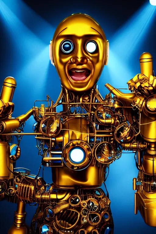 Image similar to portrait photo of a giant huge golden and blue metal humanoid steampunk robot female singer with a human face and gears and tubes, in the foreground is a big red glowing microphone, eyes are glowing red lightbulbs, shiny crisp finish, 3 d render, 8 k, insaneley detailed, fluorescent colors, background is multicolored lasershow