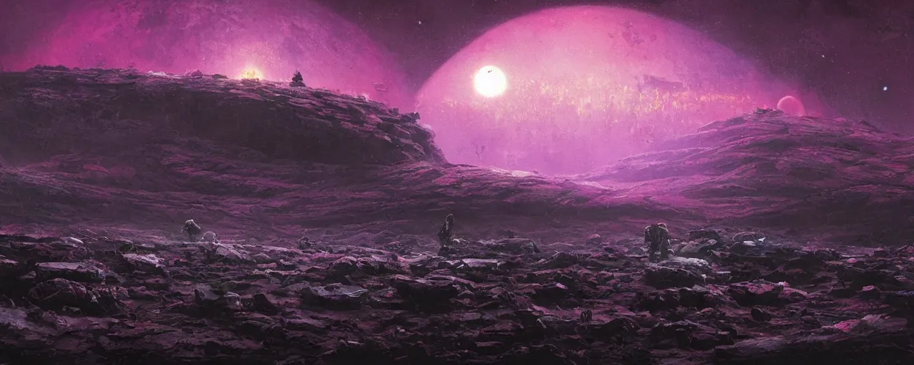 Image similar to ” night at a desolate outer planet made of barren black rock, [ cinematic, detailed, epic, widescreen, opening, establishing, mattepainting, photorealistic, realistic textures, octane render, art by paul lehr ] ”