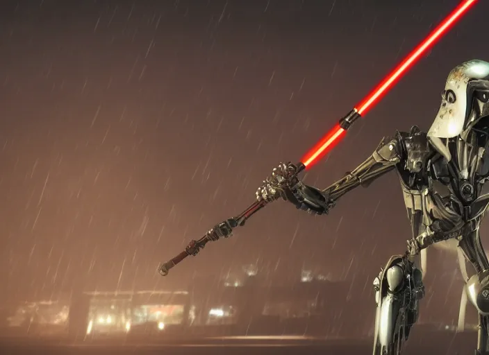 Image similar to 3 5 mm portrait photo of ( general grievous )!! with heavy duty biomechanical cybernetic body with 4 arms holding red lightsabers in the city in the rain. cyberpunk horror in the style of george lucas. unreal engine render with nanite and path tracing.