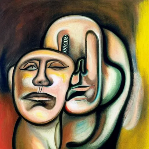 Image similar to Oil painting by Roberto Matta. Two mechanical gods kissing. Close-up portrait by Marlene Dumas. Dali.