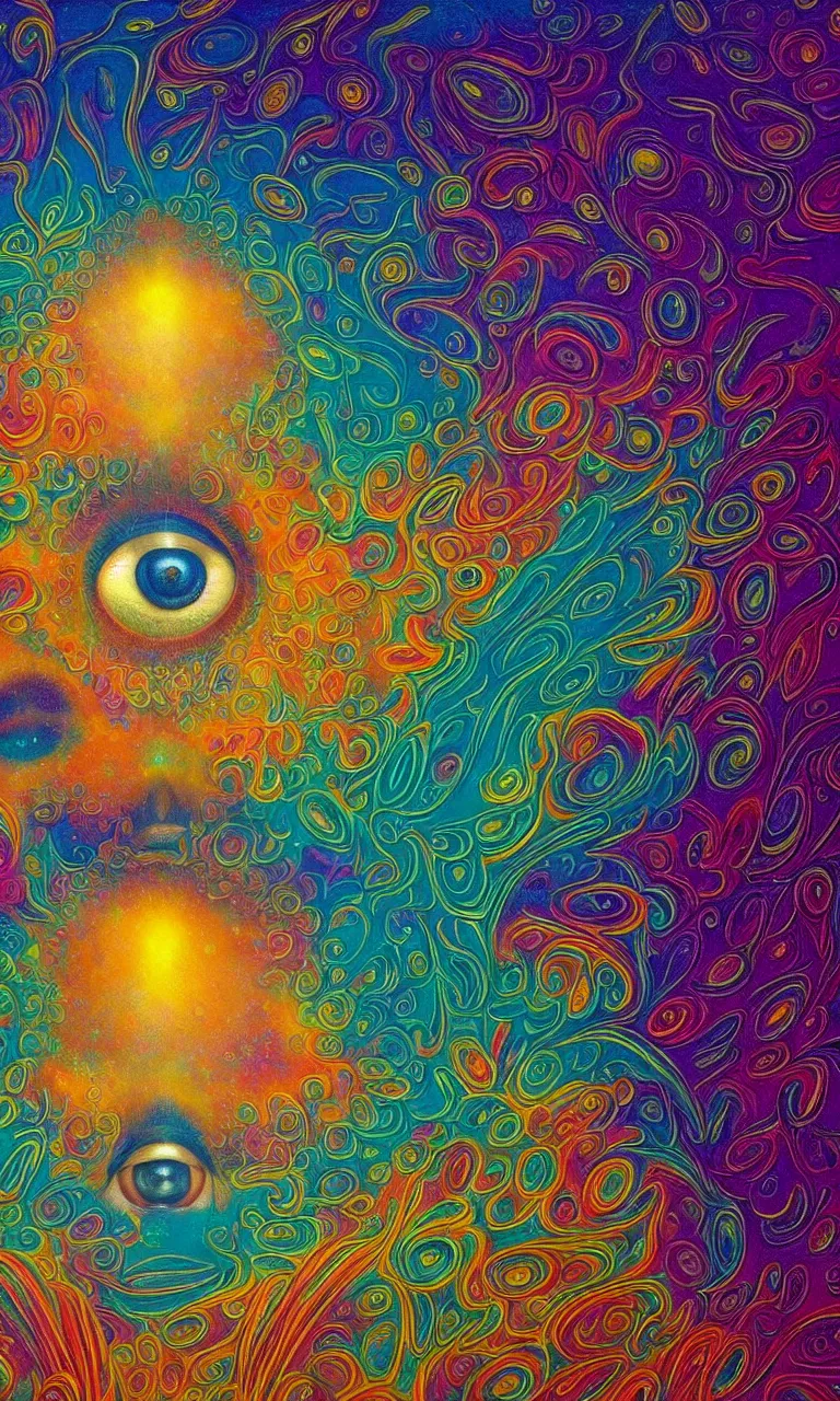 Image similar to hyperrealistic abstract close-up Renaissance psychedelic!! celestial happy! pure creature!! peaceful! kind spirit of nature! beautiful fractal!! eyes! highly detailed concept art eric zener elson peter cinematic hard rainbow lighting high angle hd 8k sharp shallow depth of field endless, inspired by Zdzisław Beksiński Salvador Dali