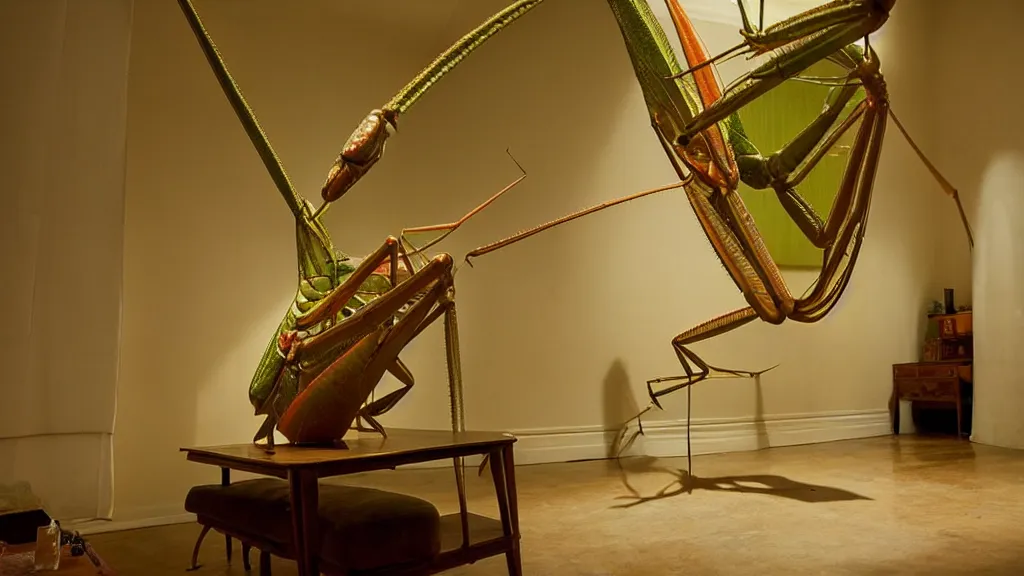 Image similar to the giant praying mantis head in the living room made of wax and water, film still from the movie directed by Wes Anderson with art direction by Salvador Dalí, wide lens