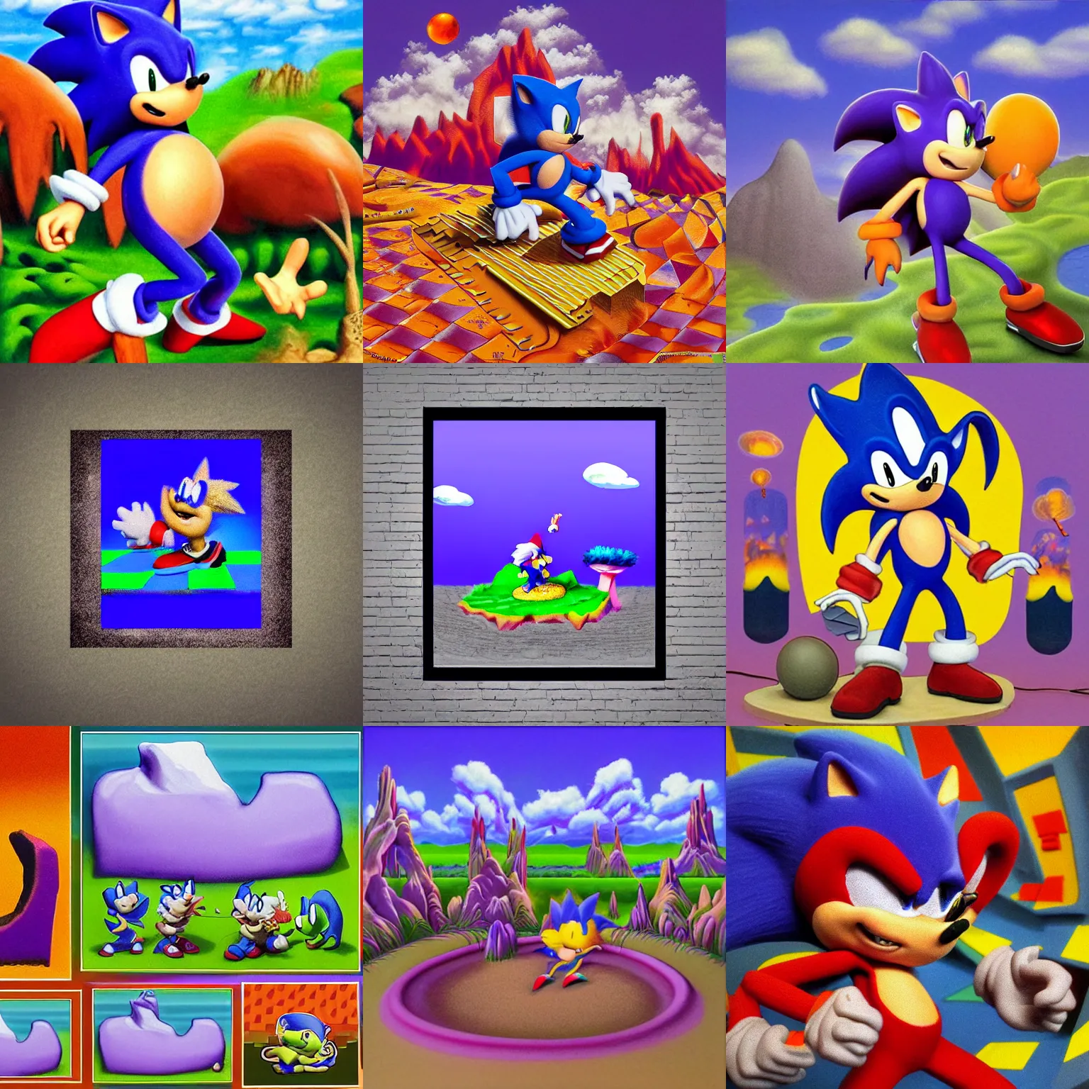 Prompt: clay stop motion claymation portrait of sonic hedgehog and a matte painting landscape of a surreal sharp, detailed professional soft pastels high quality airbrush art prog rock album cover liquid dissolving airbrush art lsd dmt sonic the hedgehog swimming through cyberspace purple checkerboard background 1 9 9 0 s 1 9 9 2 sega genesis rareware video game album cover