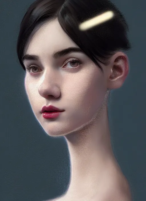 Image similar to portrait of white teenage girl, narrow face, short black hair and eyebrows, bangs, half updo hairstyle, buck teeth, unattractive, defined jawline, long chin, smile, hair bow, intricate, elegant, glowing lights, highly detailed, digital painting, artstation, sharp focus, illustration, art by wlop, mars ravelo and greg rutkowski