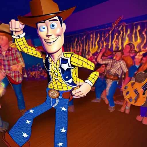 Image similar to flash photography of sheriff woody at a moshpit in local rock band