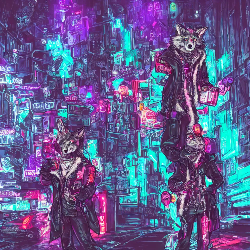 Image similar to beautiful furry art portrait commission of a androgynous furry anthro wolf fursona both wearing punk clothes in the streets of a cyberpunk city. neon signs.