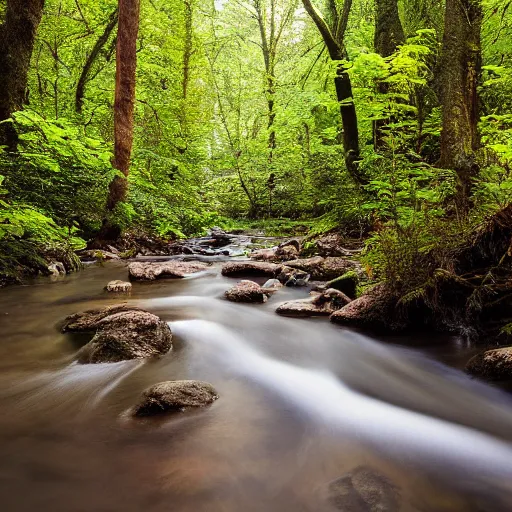 Image similar to A stream running through the woods, photograph, professional photography