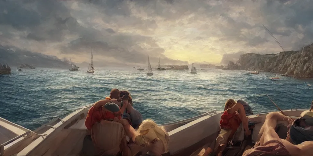 Image similar to looking out a boat window on the water, low angle from water pov, wide angle, sunset, a mediterranean phoenician fishing village in the distance, over a chalk cliff, highly detailed, digital painting, artstation, concept art, sharp focus, illustration, art by artgerm and greg rutkowski and raphael lacoste and magali villeneuve