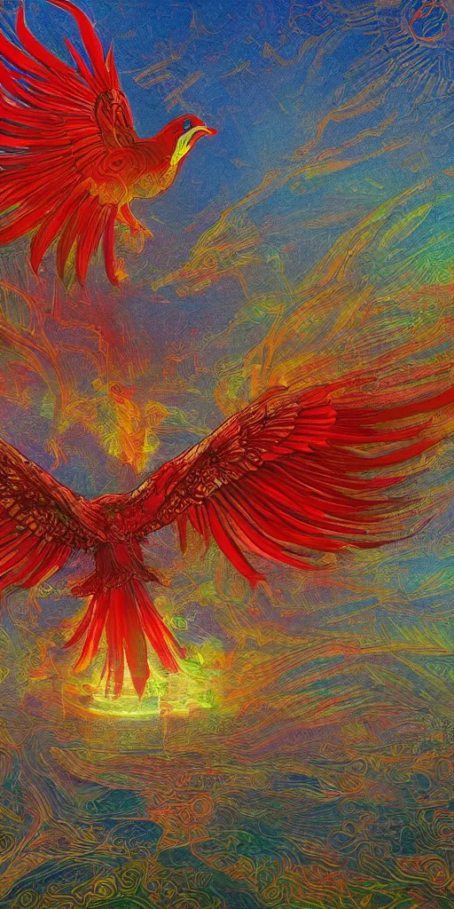 Image similar to the solarpunk phoenix, red bird, ornate egg, regeneration, landscape, epic composition, volumetric light, bokeh, inspired by monet and by alphonse mucha