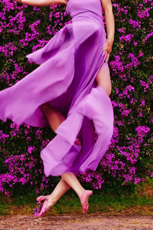 Image similar to woman dancing in a violet summer dress, fashion magazine, plants in the background, elegant, dynamic movement, photorealistic camera shot, studio lighting, crisp quality and light reflections