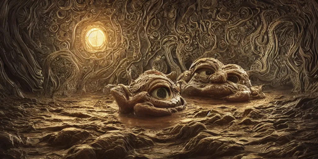 Image similar to of an intricate muddy water with strange cute friendly happy creatures with huge eyes, long tongue, round teeth and goofy funny face, appearing from the background, in the style of gehry and gaudi, macro lens, shallow depth of field, ultra detailed, digital painting, trending artstation, concept art, illustration, cinematic lighting, photorealism, epic, octane render