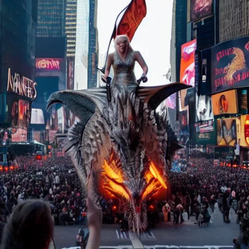 Image similar to game of thrones Daenerys riding a dragon in new york time square