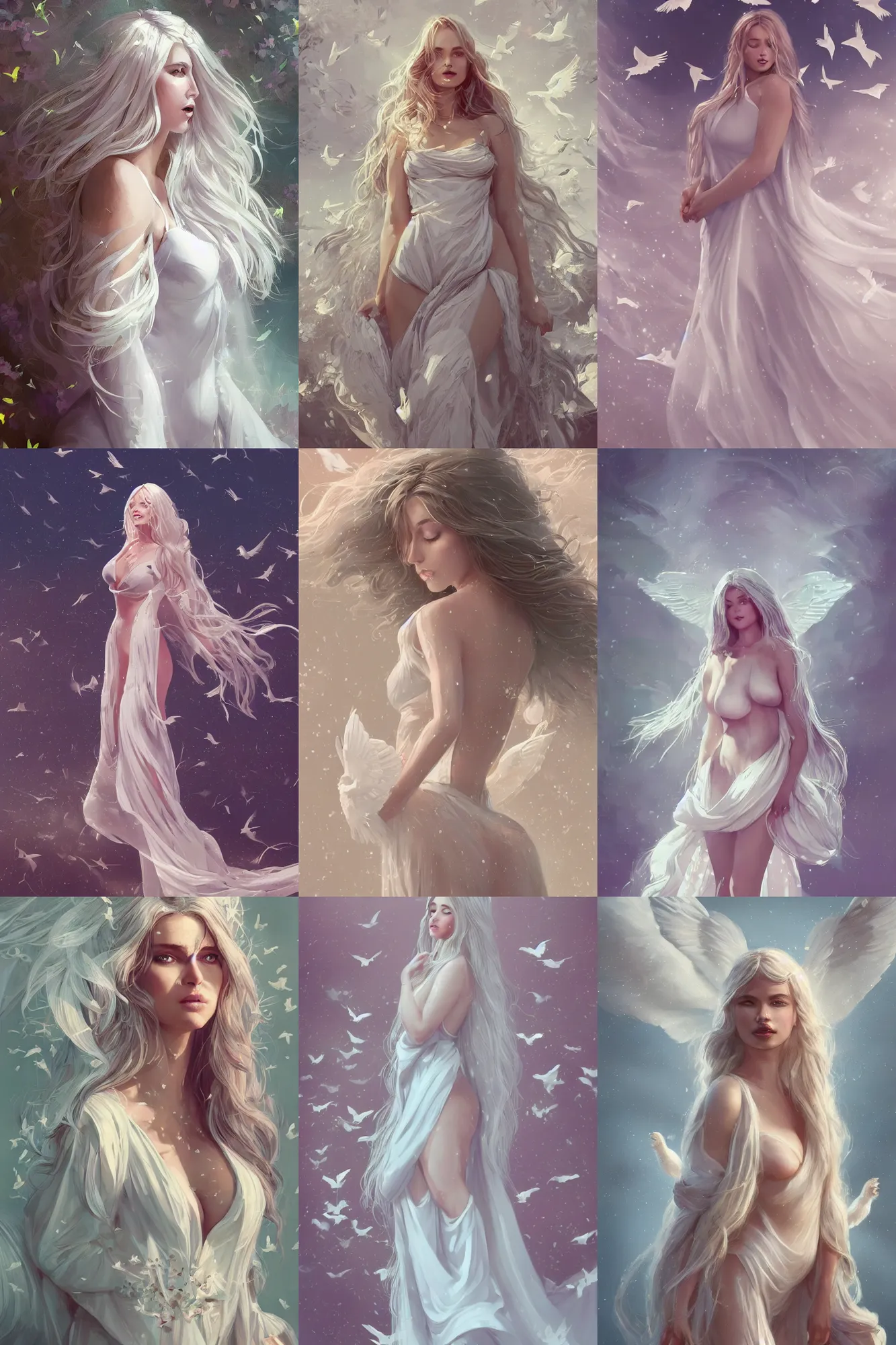 Image similar to A beautiful woman with curvaceous body and long white hair, surrounded by white doves, wearing a long flowy fabric, cinematic lighting, soft bokeh, sci-fi, modern, colourful, highly detailed, digital painting, artstation, concept art, sharp focus, illustration, by WLOP