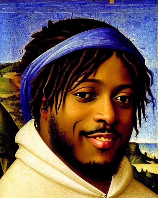 Prompt: rapper juice wrld legend rockstar smiling with medium dreadlocks by fra angelico renaissance painting