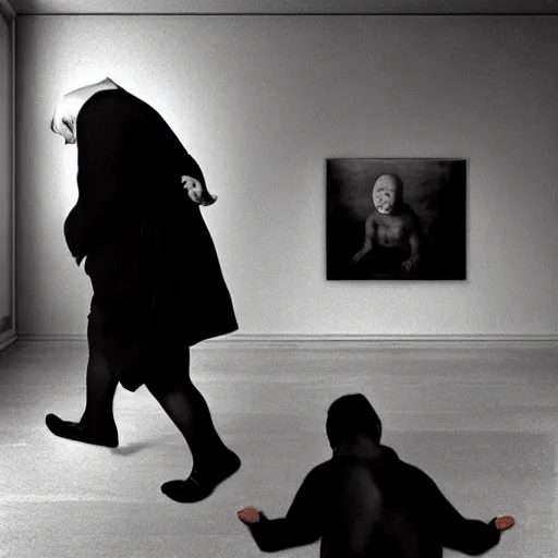 Prompt: Disturbing reimagining of a famous painting, creepy, insane, black and white, blurred