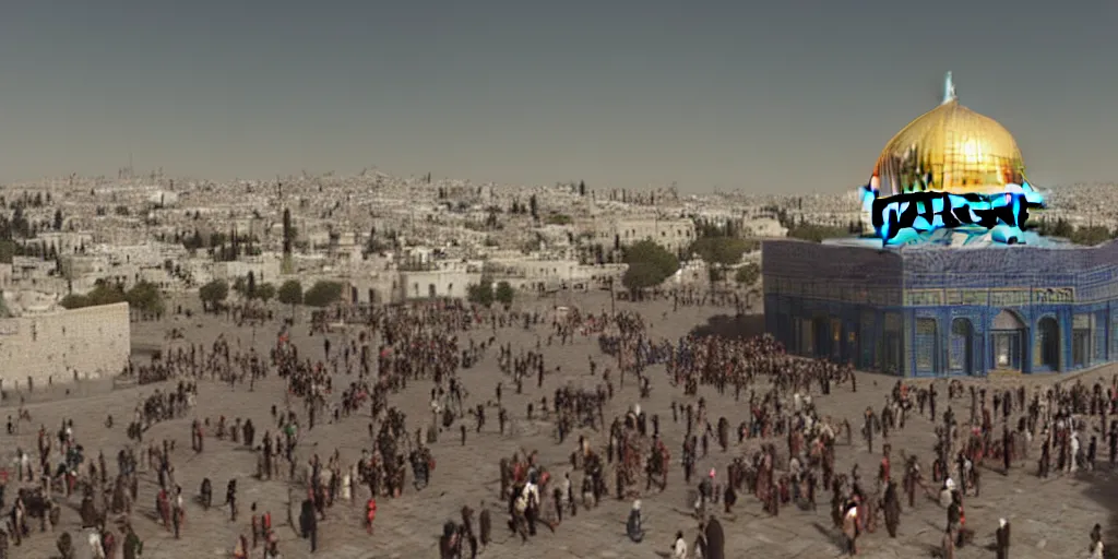 Prompt: dome of the rock, people walking, action scene, an epic fantasy, dramatic lighting, cinematic, establishing shot, extremely high detail, photorealistic, cinematic lighting, artstation, octane render, by christopher nolan, horizon forbidden west