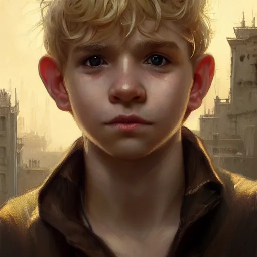 Image similar to portrait of a young boy thief in the slums of a fantasy city, dirty blonde hair, d & d, fantasy, joyful smirk, intricate, elegant, highly detailed, digital painting, artstation, concept art, matte, sharp focus, illustration, art by artgerm and greg rutkowski and alphonse mucha