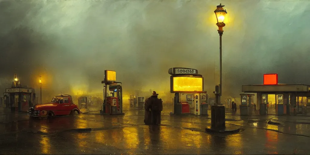 Image similar to a gas station in 1 9 4 0 with yellow and red light in the middle of the night, rainy night, a men stand up next to the pump, mystical blue fog, oil on canvas, art by andreas achenbach, clemens ascher, tom bagshaw and sabbas apterus,