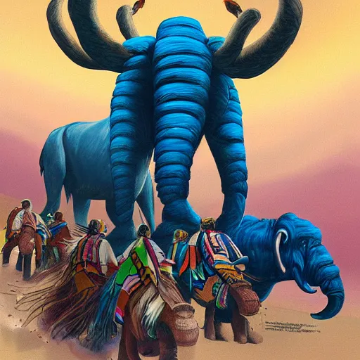 Prompt: painting of native americans riding mammoths, artstation, vibrant, colorful, ultra detailed