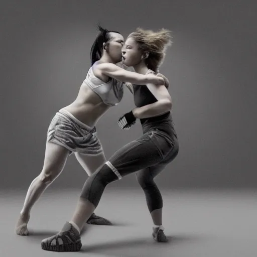 Prompt: two women fighting, hard lighting, rule of thirds, spotlight, full body scene, by dirk dzimirsky, by arthur curry, by dylan eakin, hyperrealistic charcoal