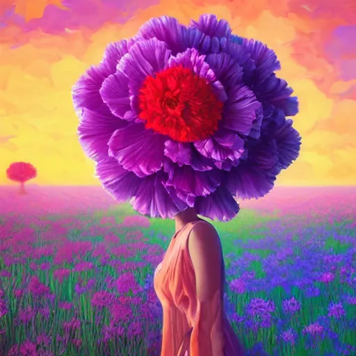 Image similar to giant carnation flower head and face, girl in a flower field, surreal photography, sunrise dramatic light, impressionist painting, colorful clouds, digital painting, artstation, simon stalenhag, flower face