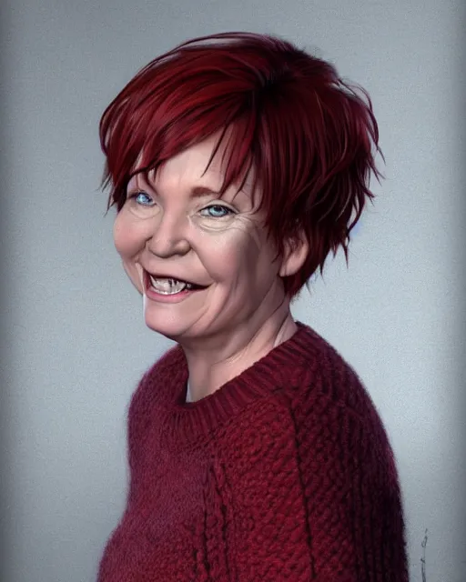 Image similar to portrait of happy short and plump 5 0 - year - old woman with red hair and, kind face, short hair, wearing in sweater, hyper realistic face, beautiful eyes, character art, art by mark brooks, hyperdetailed, cryengine, trending on artstation, digital art