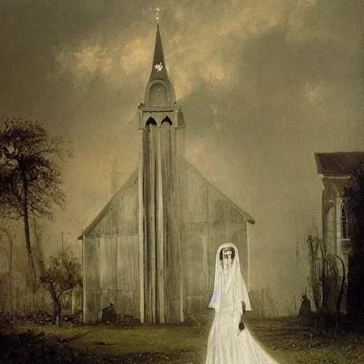 Image similar to picture of ghostly bride in front of an old wooden white church, 1 9 th century southern gothic scene, made by achenbach, andreas