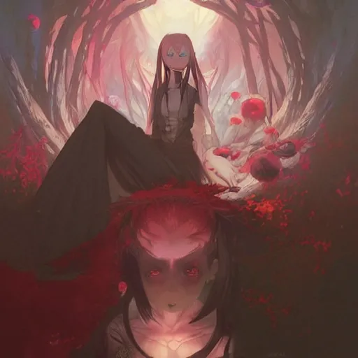 Image similar to Vampire traveling through a beautiful psychedelic world, horror, illustrated by Krenz Cushart and Hayao Miyazaki, trending on artstation