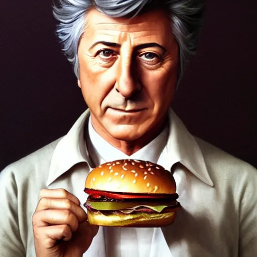 Prompt: portrait of dustin hoffman eating hamburgers, extra onions and ketchup, luscious patty with sesame seeds, feminine ethereal, handsome, d & d, fantasy, intricate, elegant, highly detailed, digital painting, artstation, concept art, matte, sharp focus, illustration, art by artgerm and greg rutkowski and alphonse mucha