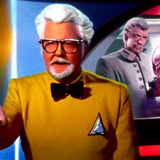Prompt: A still of Colonel Sanders as a Captain Kirk on Star Trek