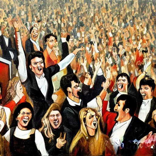 Image similar to A painting of a large group of people cheering at a rising stock chart behind them