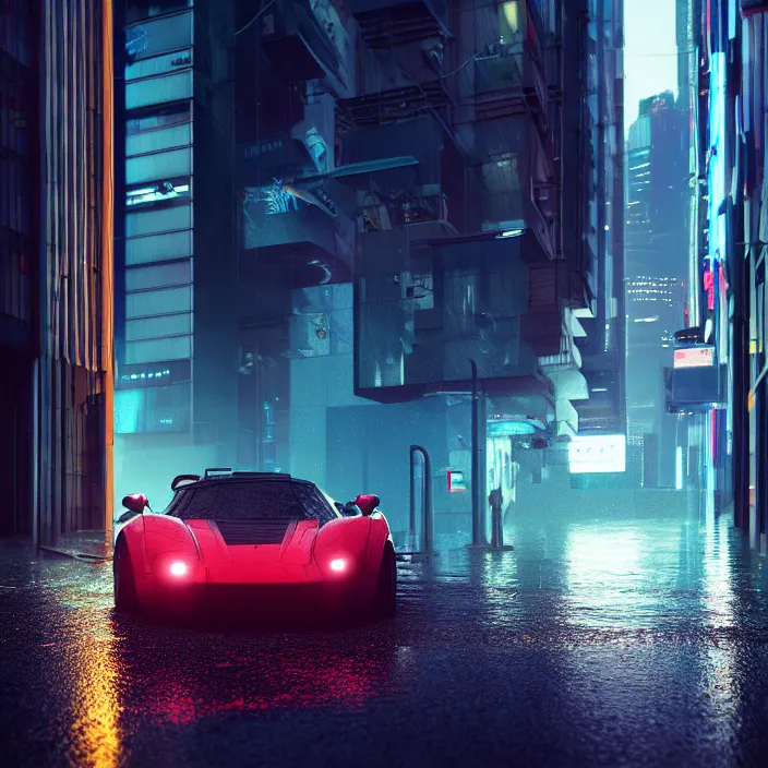 Prompt: sportscar parked on sidewalk, cyberpunk city, reflections, puddle, rain, volumetric light, hyperdetailed, hyperrealism, photorealistic rendering, golden ratio, digital art, octane, redshift