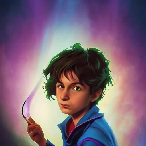 Image similar to a stylized portrait of a young boy with wavy brown hair and green eyes as a wizard, stylized, arcane magic, blue and purple vapor, neon color, vivid color, lens flare, volumetric light from below, background by justin gerard, art by raymond swanland + marc simonetti + greg rutkowski + harumi hironaka + guy denning