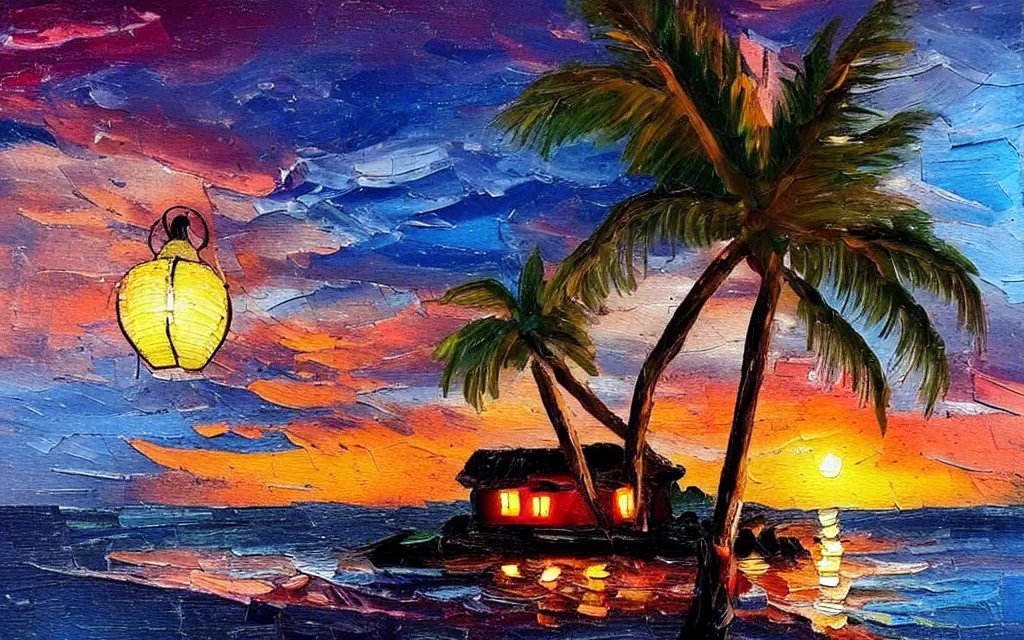 Prompt: a very very small island! cute cozy cottage!! and lanterns!!!, chairs, fireplace, palm trees, dark very late evening cloudy sunset, dramatic and dynamic lighting, thick brush strokes oil impasto painting