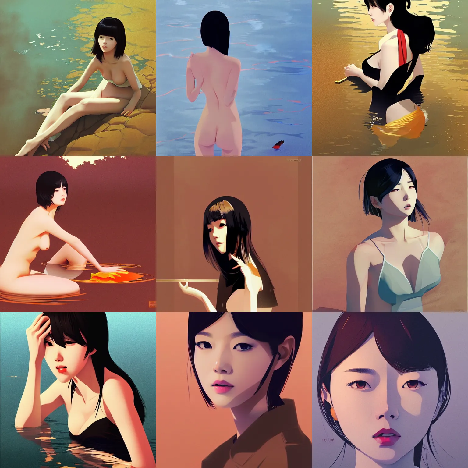 Prompt: lee jin - eun emerging from gold pond by nicola samuri and ilya kuvshinov, rule of thirds, seductive look, beautiful