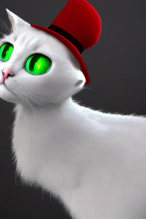 Image similar to a white cat with blue eyes wearing a red and green formal overcoat, hyperrealistic, concept art, octane render, unreal engine 5, realistic and defined face, profile picture, digital art, pixar and disney style, symmetrical, high quality, highly detailed, high coherence, path traced, house background, low contrast, beautiful